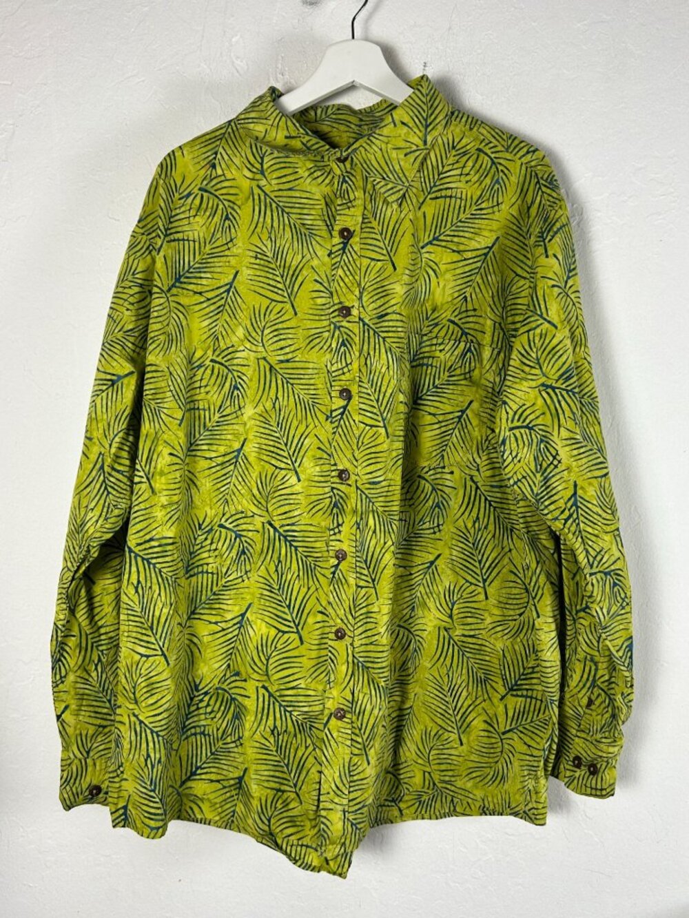 Pete Huntington Bali Handcrafted Lime Green Palm Leaf Batik Cotton Shirt Men 3XL